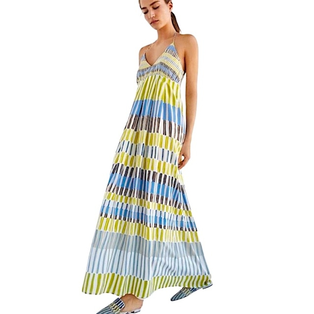NWT Massimo Dutti maxi dress in chartreuse, blue & taupe tribal print size 4.